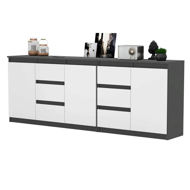 Komoda Antracyt/Biały 200 cm Duza Komoda 6 szuflad 3 drzwi ZESTAW MEBLOWY