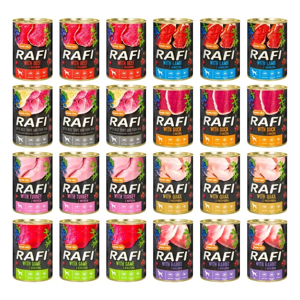 Karma mokra dla psów RAFI puszki MIX 3 SMAKÓW 24x400g