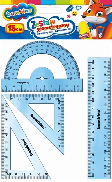 ZESTAW GEOMETRYCZNY BAMBINO 4 ELEMENTY KĄTOMIERZ LINIJKA EKIERKA 15CM
