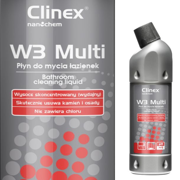 Doskonały płyn do mycia łazienek urządzeń sanitarnych fug CLINEX W3 Multi 1