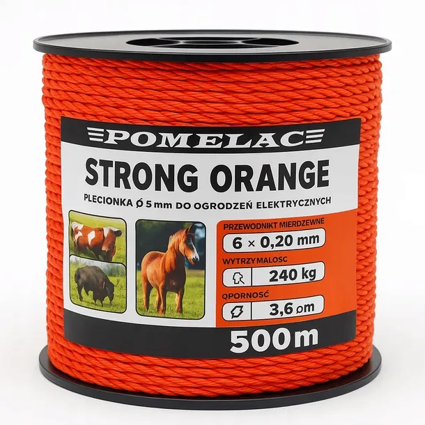 Mocna PLECIONKA do pastucha STRONG 5mm 500m pomarańczowa bydło konie psy