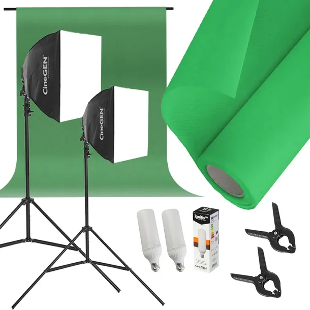 Zestaw Tło Green Screen + Stelaż + 2x Lampa Softbox 40x40cm 85W LED