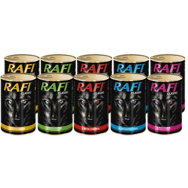 Mokra Karma dla Psa RAFI mix 4 smaków zestaw puszek 10x1240g Dolina Noteci