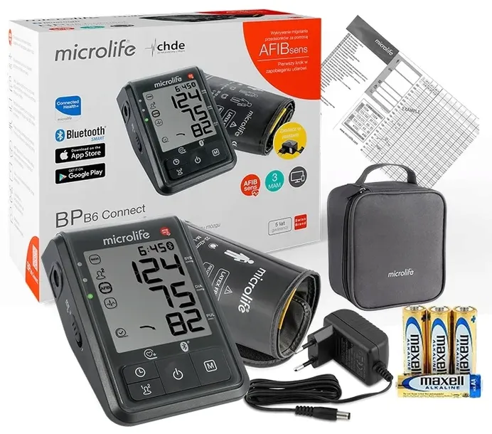 microlife-cisnieniomierz-bp-b6-connect-cechy-dodatkowe-2-indywidualne-obszary-pamieci-automatyczne-pompowanie-automatyczne-wylaczanie-etui-klasyfikacja-pomiarow-wskaznik-wysokiego-poziomu-cisnienia-krwi-wykrywanie-arytmii-wykrywanie-bledow-w-pomiarze-wykrywanie-ruchu-ciala-zasilacz-w-zestawie