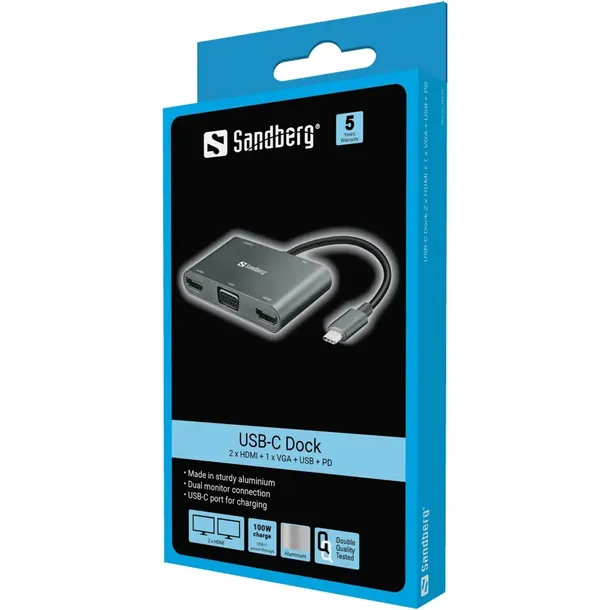 sandberg-usb-c-dock-2xhdmi-1xvga-usb-pd-stan-nowy-waga-z-opakowaniem-0-07-kg