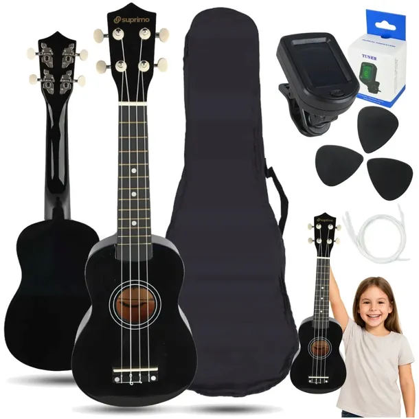UKULELE DLA DZIECI SOPRANOWE ZESTAW STRUNY KOSTKI + POKROWIEC CZARNE