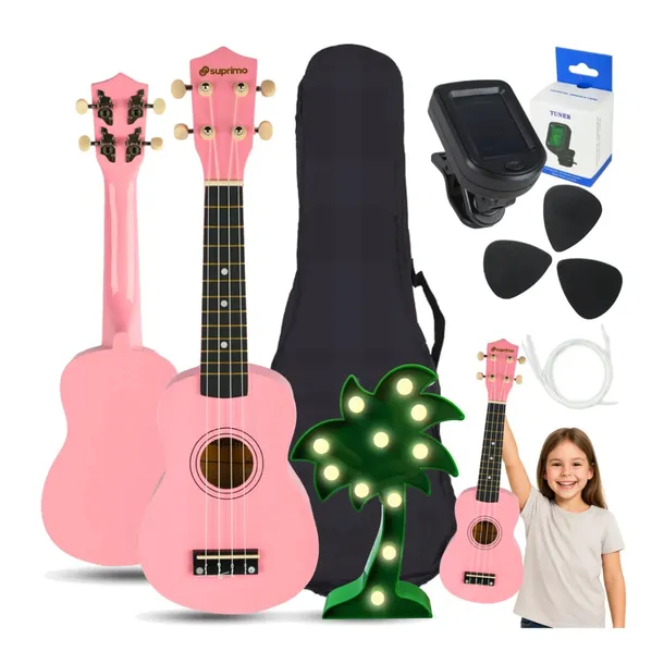 UKULELE DLA DZIECI RÓŻOWE KONCERTOWE ZESTAW STRUNY KOSTKI + POKROWIEC