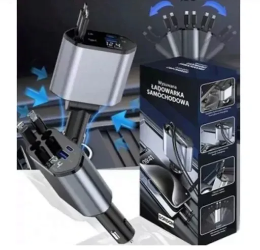 SZYBKA ŁADOWARKA SAMOCHODOWA DO TELEFONU 4w1 WYSUWANA KABEL USB-C LIGHTNING