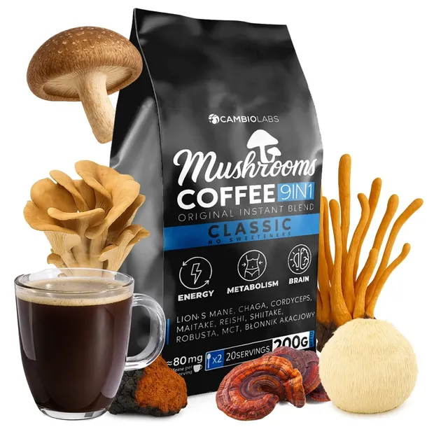 Kawa grzybowa rozpuszczalna 9w1 Lions Mane Cordyceps Reishi MCT 80 mg Chaga