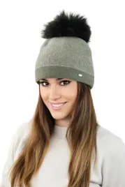 khaki-czapka-damska-beanie-w-pepite-pompon-z-eco-futra-polska-aloes