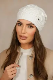 ecru-czapka-damska-beanie-azurowy-splot-sciagacz-podszewka-kamila
