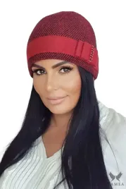 czerwona-zimowa-czapka-damska-w-pepitke-ozdobna-kokarda-koraliki-megan