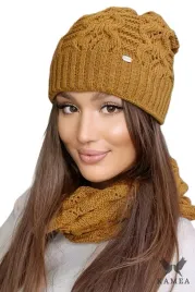 miodowa-czapka-damska-beanie-azurowy-splot-sciagacz-podszewka-kamila