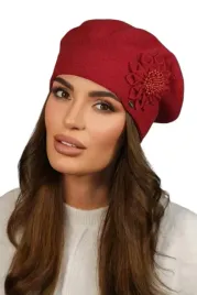 beret-damski-czerwony-elegancki-welniany-piekny-kwiat-korale-polski-peonia