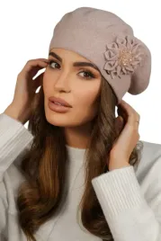 beret-damski-rozowy-elegancki-welniany-ozdobny-kwiat-koraliki-polski-peonia
