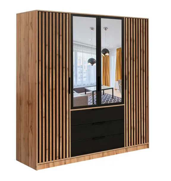Szafa z Lustrem 196 cm BALI LUX D4 Dąb Wotan Lamele Szuflady