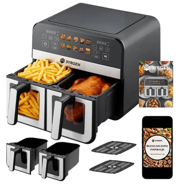 FRYTKOWNICA BEZTŁUSZCZOWA DWUKOMOROWA LCD BYRGEN AIR FRYER 9L 2400W
