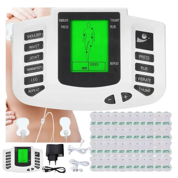 ELEKTROSTYMULATOR EMS TENS MIĘŚNI NERWÓW MASAŻ MASAŻER SILNY + 32 ELEKTRODY