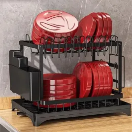 suszarka-do-naczyn-ociekacz-z-odplywem-dwu-poziomowa-czarna-stojaca