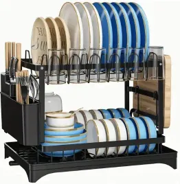 suszarka-do-naczyn-ociekacz-z-odplywem-dwu-poziomowa-czarna-stojaca