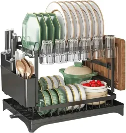 suszarka-do-naczyn-ociekacz-z-odplywem-dwu-poziomowa-czarna-stojaca