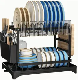 suszarka-do-naczyn-ociekacz-z-odplywem-dwu-poziomowa-czarna