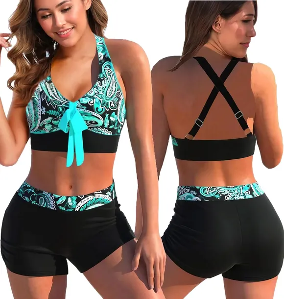 STRÓJ KĄPIELOWY DWUCZĘSCIOWY WYSZCZUPLAJĄCY BIKINI WYSOKI STAN BOKSERKA S