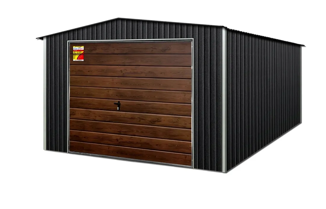 garaz-blaszany-5x5-grafit-lux-drewnopodobna-brama-uchylna-blaszak-na-wymiar-stan-nowy