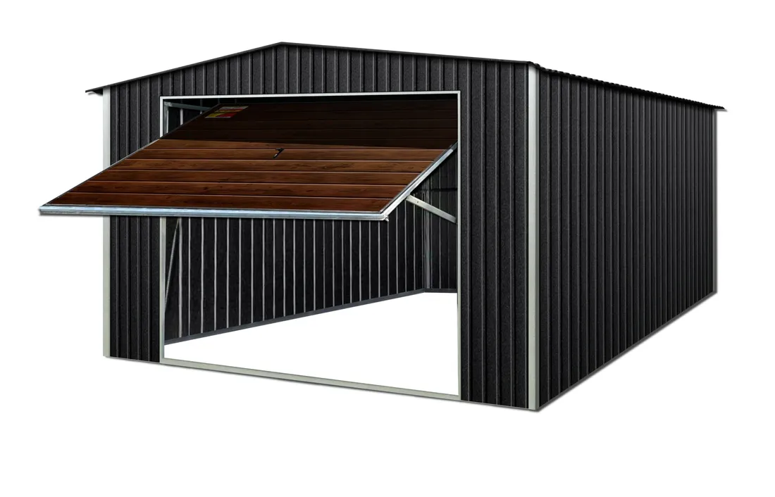 garaz-blaszany-5x5-grafit-lux-drewnopodobna-brama-uchylna-blaszak-na-wymiar-stan-nowy