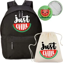 zestaw-plecak-czarny-szkolny-worek-przypinka-just-chill-arbuz-do-szkoly