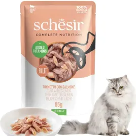 Zdjęcie produktu Schesir Tuńczyk z łososiem w galarecie 85g karma mokra saszetka dla kota