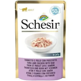 schesir-karma-dla-kota-tunczyk-z-kurczakiem-i-szynka-w-galaretce-50g