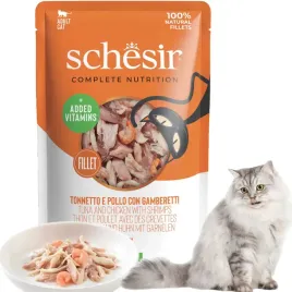 Zdjęcie produktu Schesir Tuńczyk z kurczakiem i krewetkami w galarecie 85g saszetka dla kota