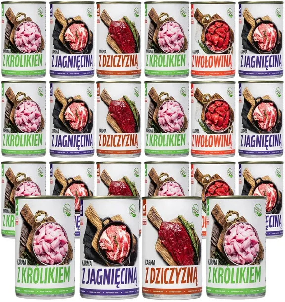 MOKRA KARMA DLA PSA 24 x 400g. MIELONKA MIĘSNA W PUSZCE TUF TUF MIX 9,6 kg