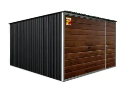 garaz-blaszany-4x6-grafit-lux-drewnopodobna-brama-uchylna-i-drzwi-producent