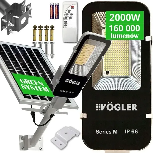 LAMPA SOLARNA 2000W Uliczna Vogler CZUJNIK ZMIERZCHU LED MOCNA MONTAŻ PILOT