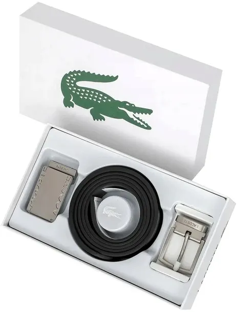 ZESTAW 4W1 PASEK MĘSKI LACOSTE SKÓRA DWUSTRONNY CZARNY SZARY GIFTBOX