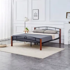 lozko-metalowe-czarne-vintage-160x200cm-z-stelazem-brazowe-nogi