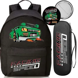 zestaw-plecak-czarny-piornik-przypinka-racing-speed-samochod-mlodziezowy