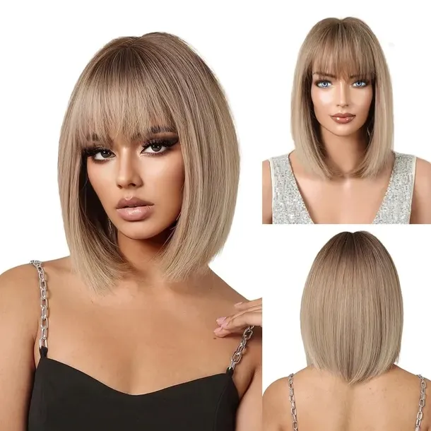 Peruka Damska Peruki Damskie Bob Ombre Blond Włosy Naturalny 35cm z Grzywka
