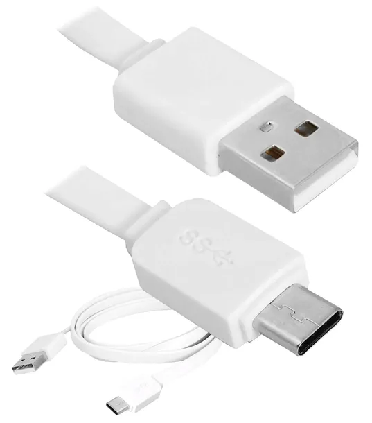 MOCNY KABEL USB-A USB-C BIAŁY 1M PŁASKI ŁADOWANIE I TRANSFER DANYCH