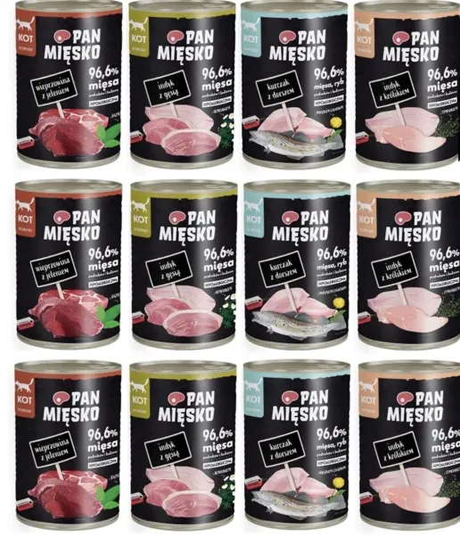 Delikatna Karma Mokra dla Kota MIX 4 SMAKÓW 12x400g Pan Mięsko
