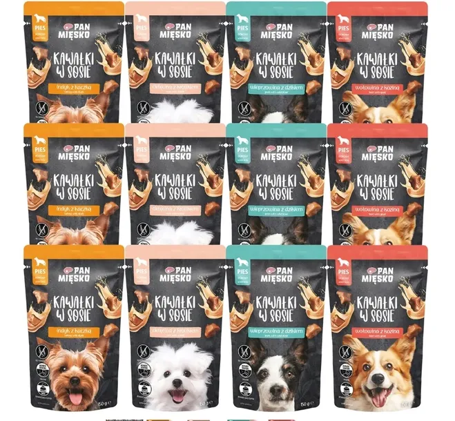 PAN MIĘSKO Karma mokra dla psa Kawałki w sosie MIX 4 SMAKÓW 24x150g