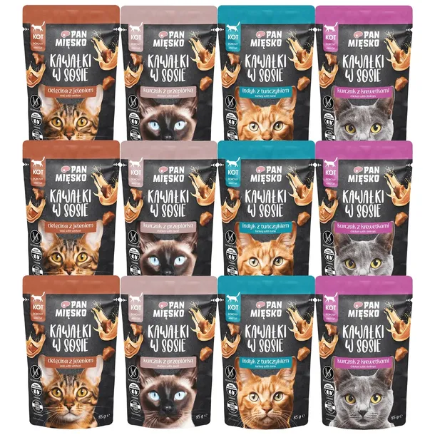 PAN MIĘSKO Kawałki w sosie Mix 4 Smaków karma dla kota mokra 12 x 85g