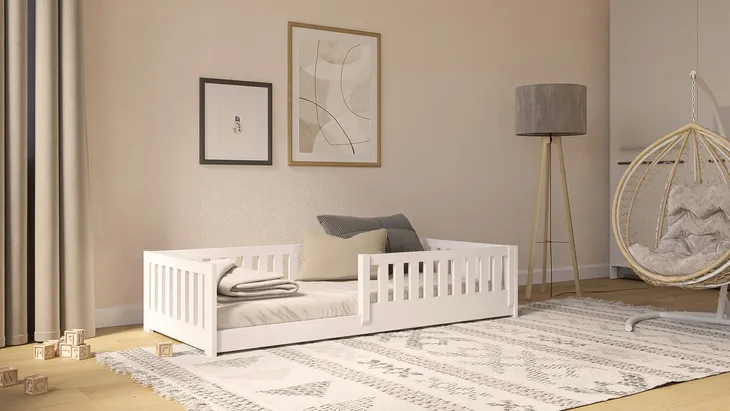 ŁÓŻKO DZIECIĘCE Z BARIERKĄ LUNA 90X200 BIAŁE PODŁOGOWE 200X90 KOJEC