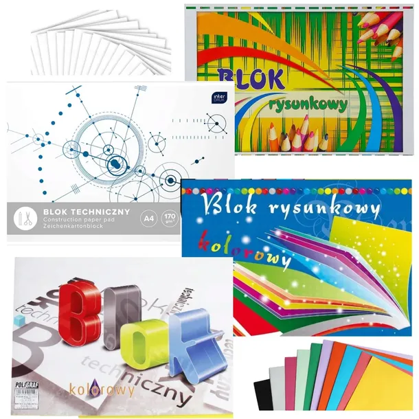 Blok A4 techniczny biały i kolorowy Blok A4 rysunkowy biały i kolorowy 4szt