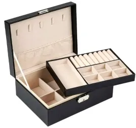 Zdjęcie produktu Szkatułka XL Organizer na Biżuterię Duży kuferek czarny pojemny skórzany