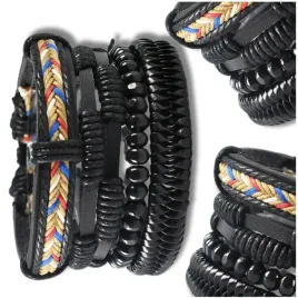 zestaw-4-meskich-bransoletek-skorzanych-styl-boho-z-koralikami-i-plecionka