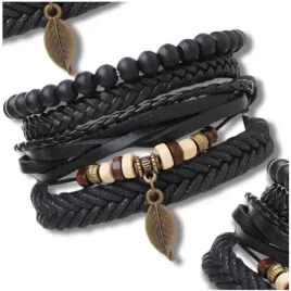 zestaw-meskich-bransoletek-skorzanych-boho-z-koralikami-i-zawieszka-liscia