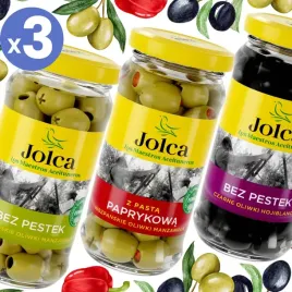 3x-mix-oliwki-hiszpanskie-zielone-z-papryka-czarne-bez-pestek-230g-jolca